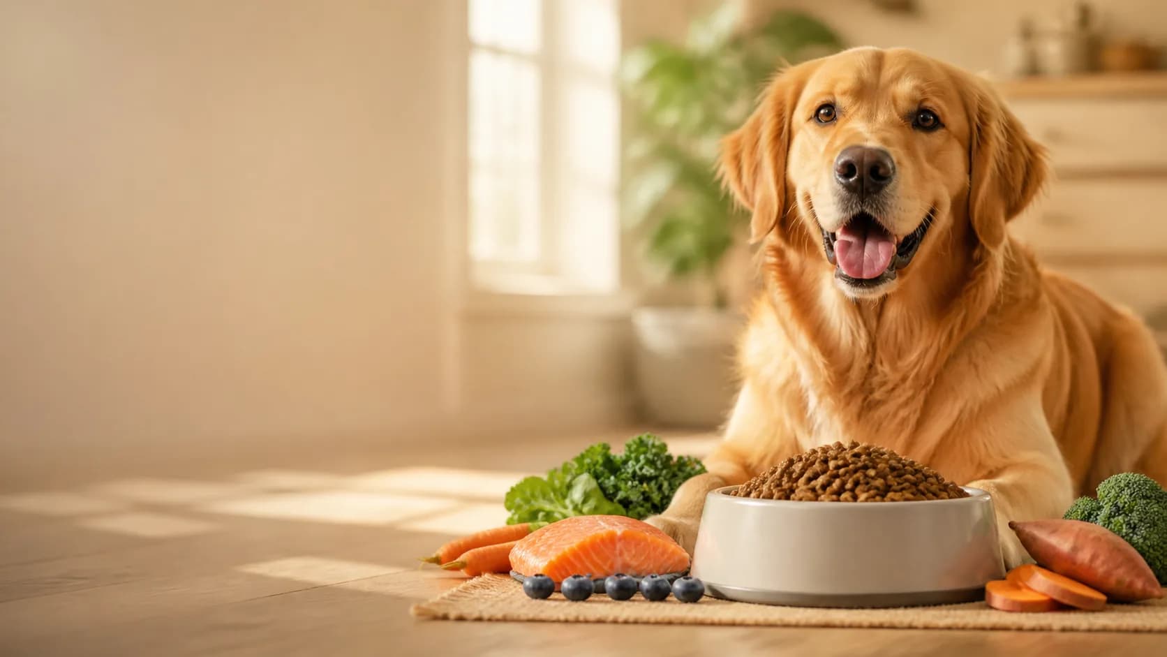Happy dog with a food bowl and healthy kibble nutrition
