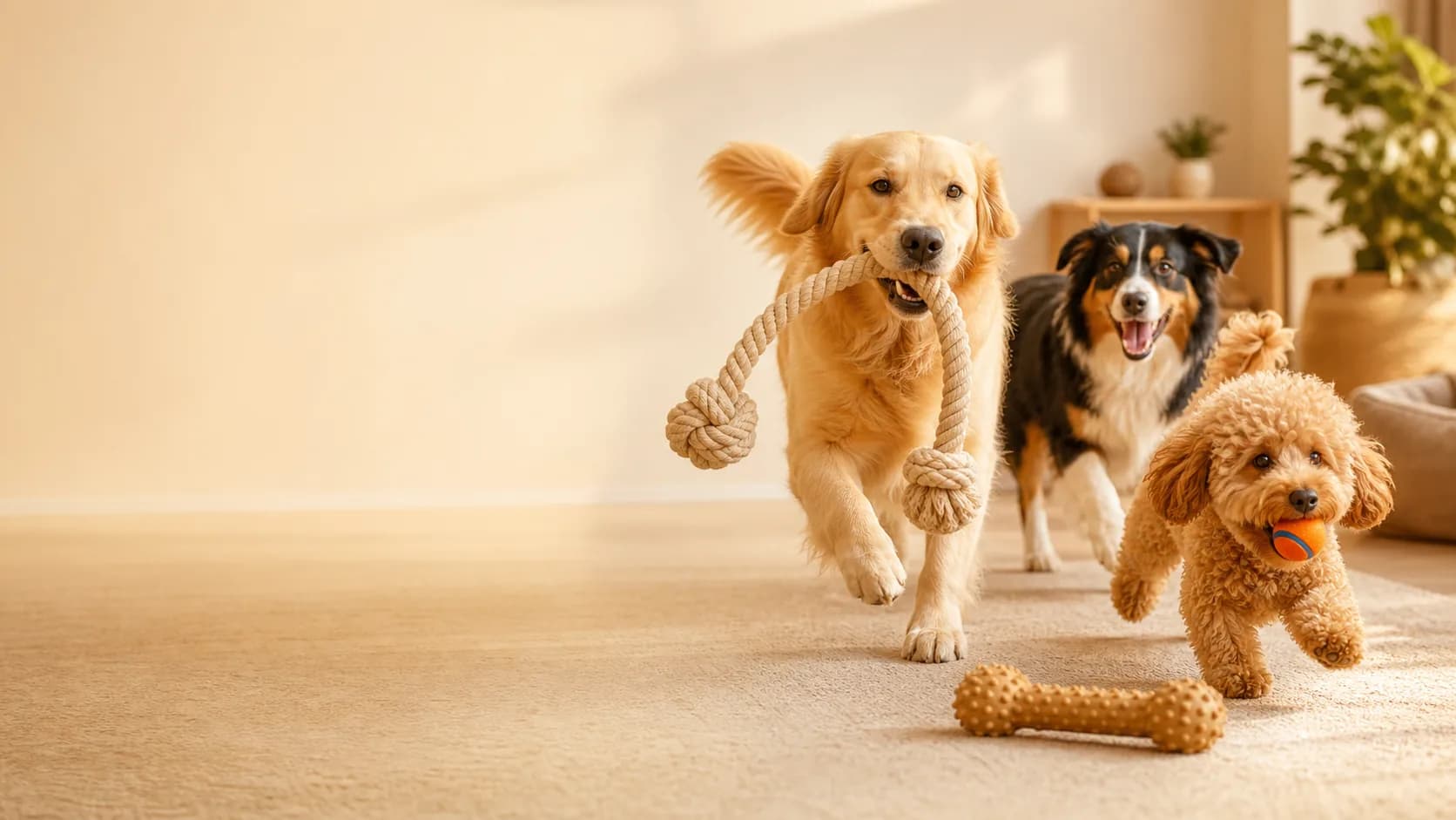 Happy dogs playing with rope, ball and chew toys