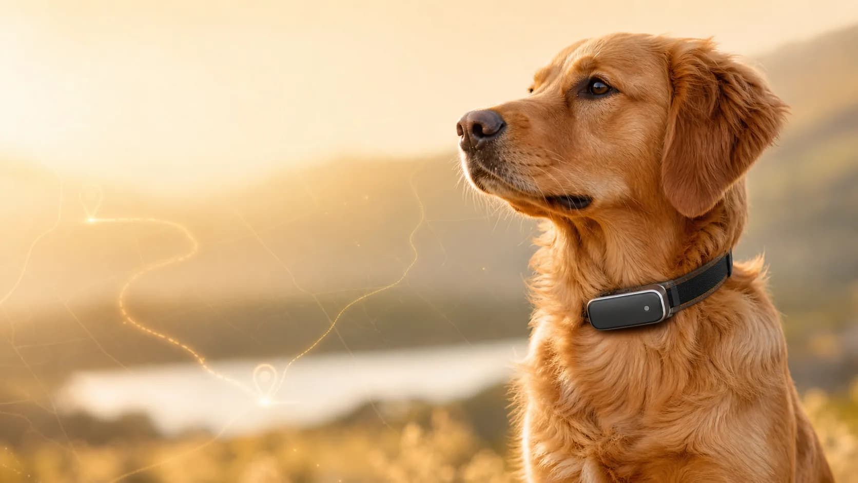 Dog wearing a GPS collar with a subtle location themed background