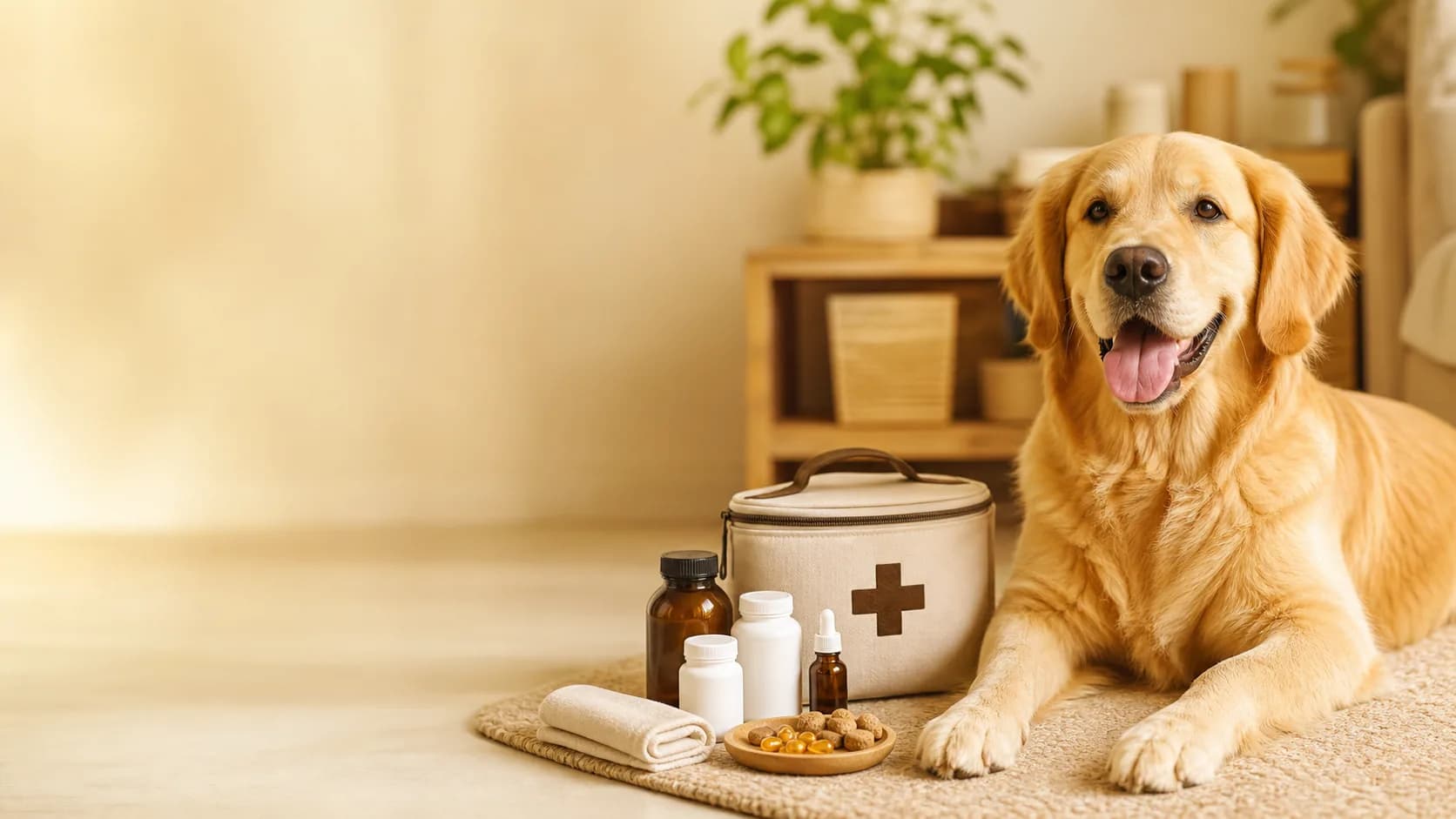Pet first-aid kit, supplements and wellness essentials