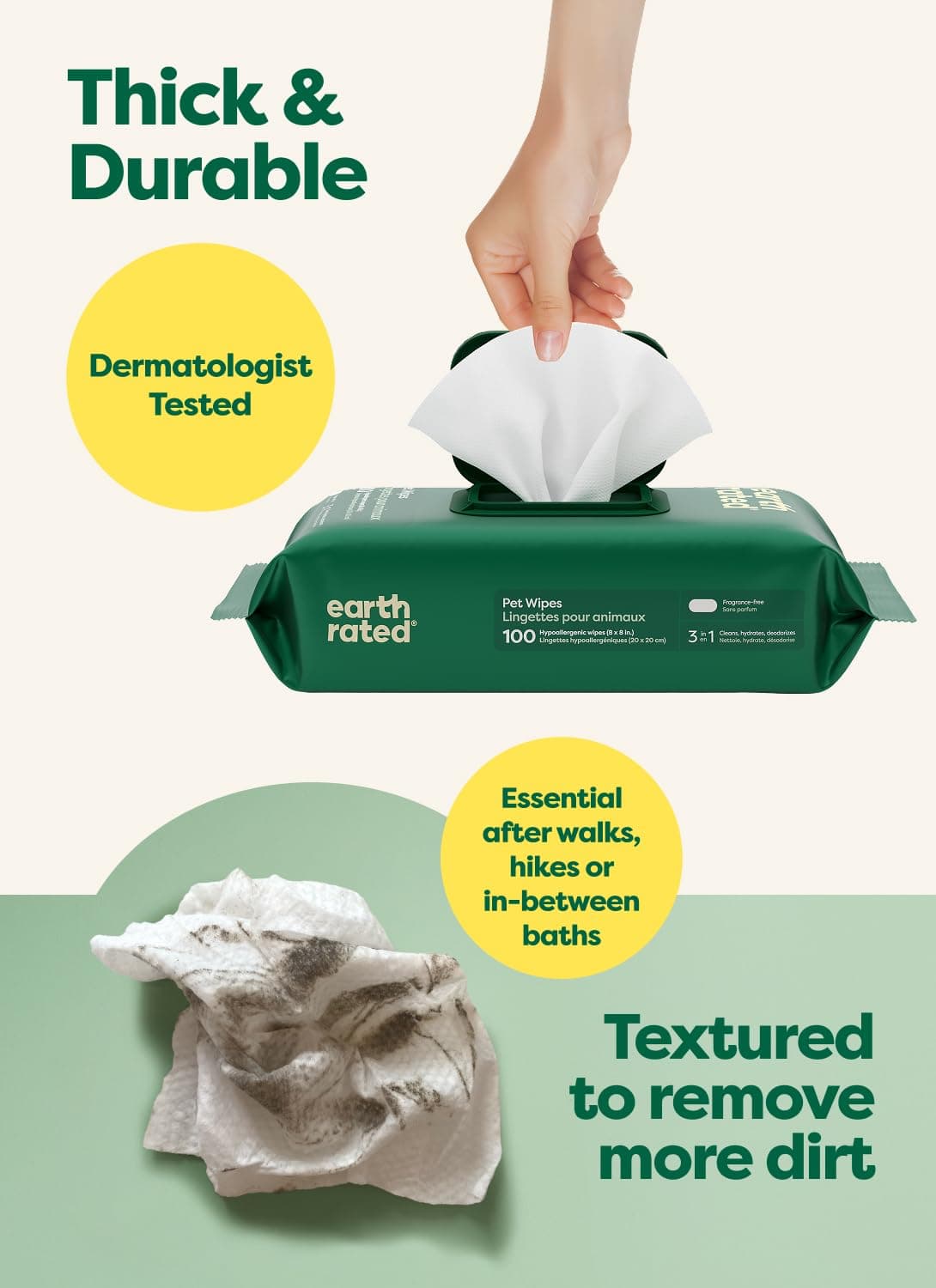 Earth Rated Dog Wipes for Paws & Butt, Deodorizing, Unscented, 100ct product image 3