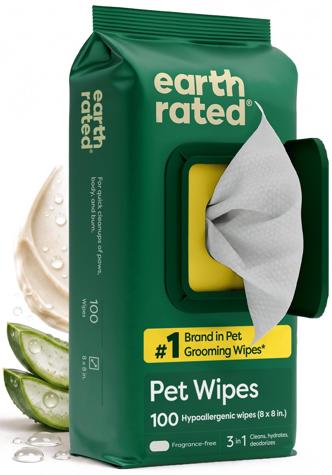 Name Earth Rated Earth Rated Dog Wipes for Paws & Butt, Deodorizing, Unscented, 100ct
