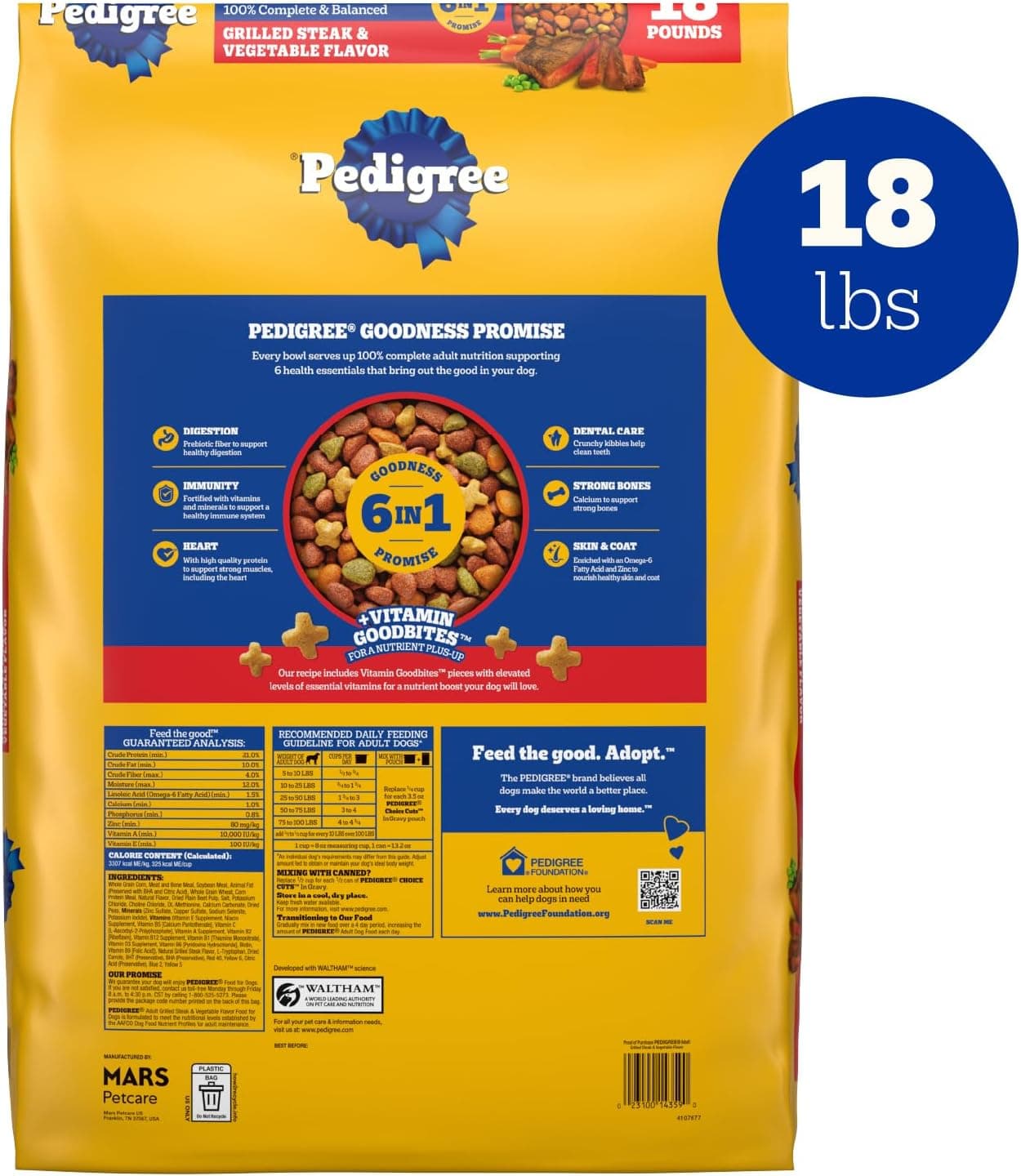 Pedigree Complete Nutrition Dry Dog Food, Steak & Vegetable, 18 lb | Nutrient boost, prebiotic fibers, 36 vitamins & minerals, Omega 6 & Zinc, natural flavors, supports skin & coat product image 4
