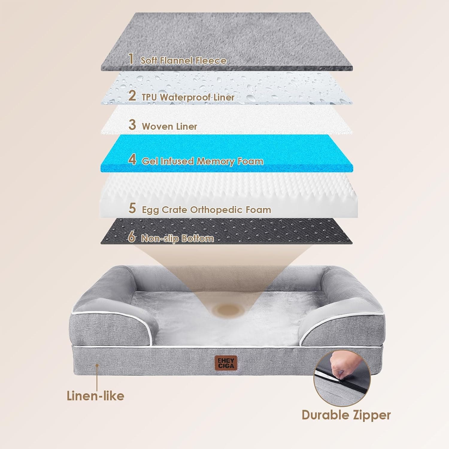 EHEYCIGA Orthopedic Extra Large Dog Bed, Waterproof Washable XL Pet Bed 44" | Non-Slip Bottom and Egg-Crate Polyurethane Foam Big Dog Couch Bed with Washable Removable Cover, Grey product image 3