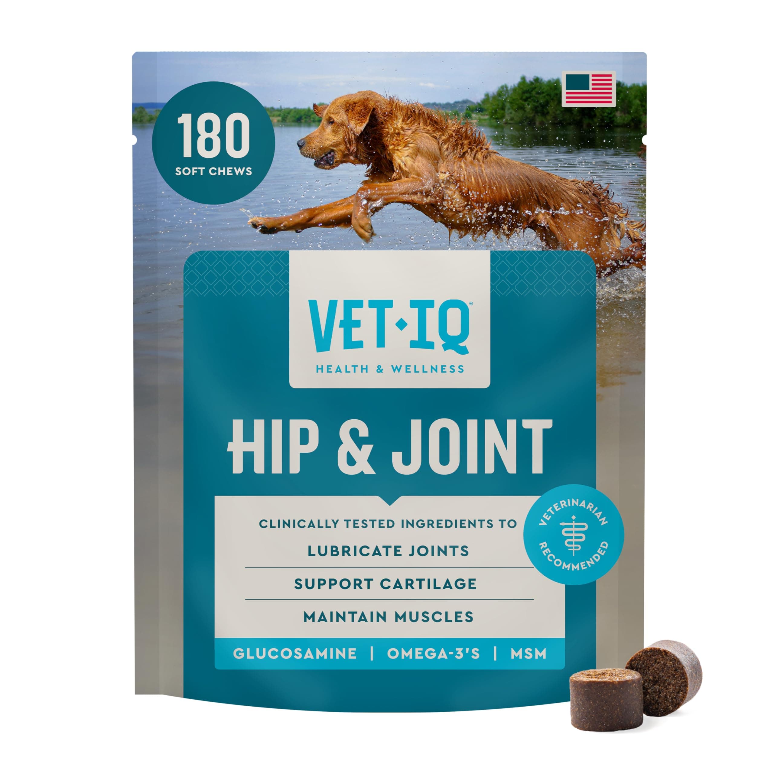 VetIQ Glucosamine Hip & Joint Supplement for Dogs, 180 Soft Chews, Joint Support Supplement with MSM and Krill, Dog Health Supplies Large & Small Breed, Chicken Flavored Chewables