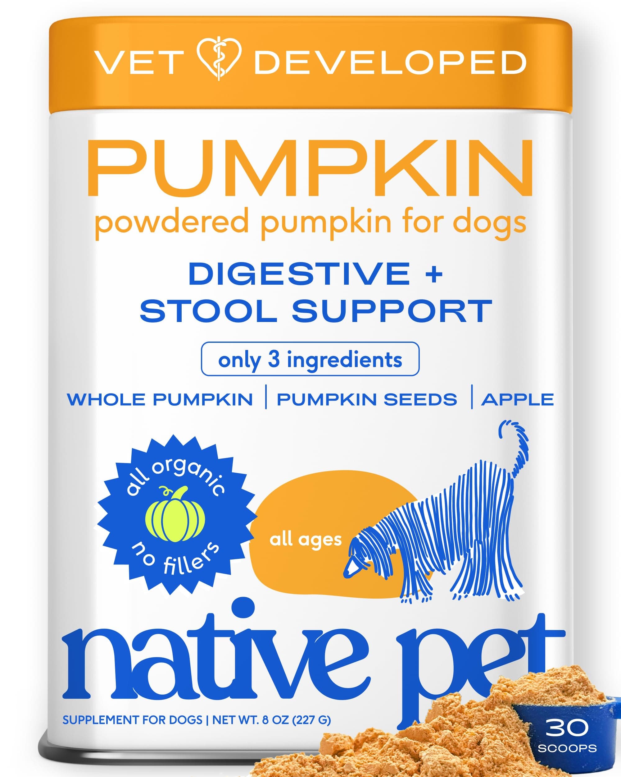 Native Pet Native Pet Pumpkin for Dogs - Organic Dog Food Topper Powder - Promotes Firm Stools, Supports Digestive, Bowel Health & Nutrient Absorption - USDA Organic, Rich in Fiber with Real Pumpkin - 30 Scoops