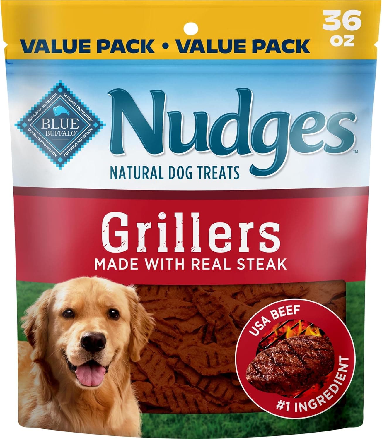Blue Buffalo Blue Buffalo Nudges Grillers Steak Dog Treats, 36 oz | Real USA Beef First, Charred Texture, For All Breed Sizes, No Chicken By-Product, Corn, Wheat, or Soy