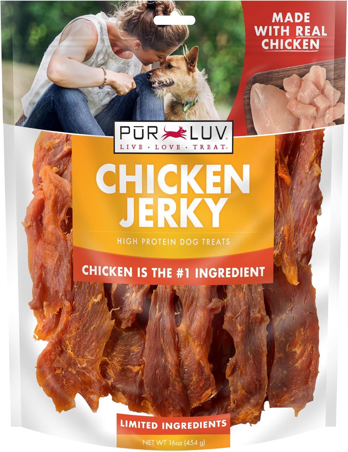 Pur Luv Pur Luv Chicken Jerky Dog Treats, Made with 100% Real Chicken Breast, 16 Ounces, Healthy, Easily Digestible, Long-Lasting, High Protein, Satisfies Dog's Urge to Chew