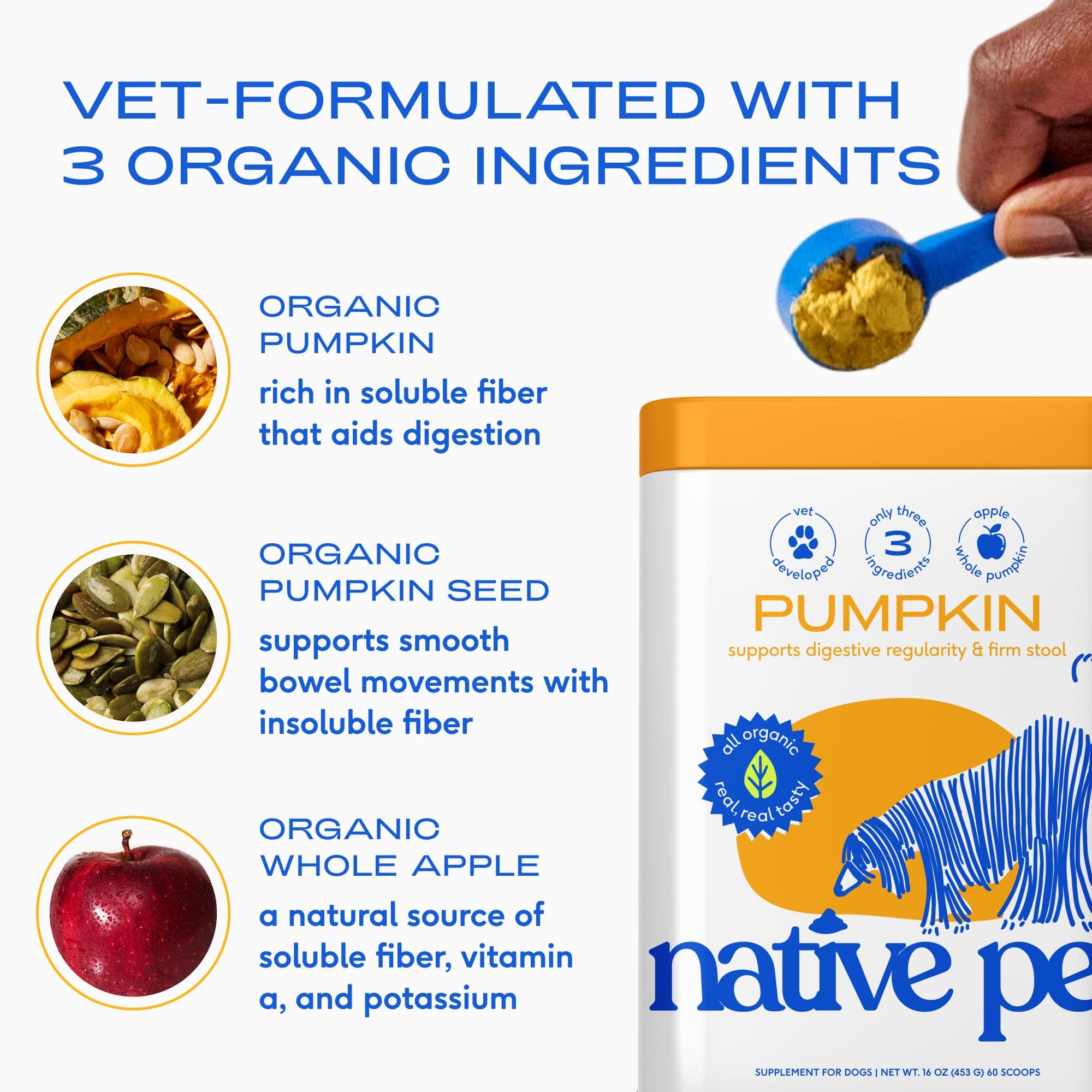 Native Pet Pumpkin for Dogs - Organic Dog Food Topper Powder - Promotes Firm Stools, Supports Digestive, Bowel Health & Nutrient Absorption - USDA Organic, Rich in Fiber with Real Pumpkin - 30 Scoops product image 3