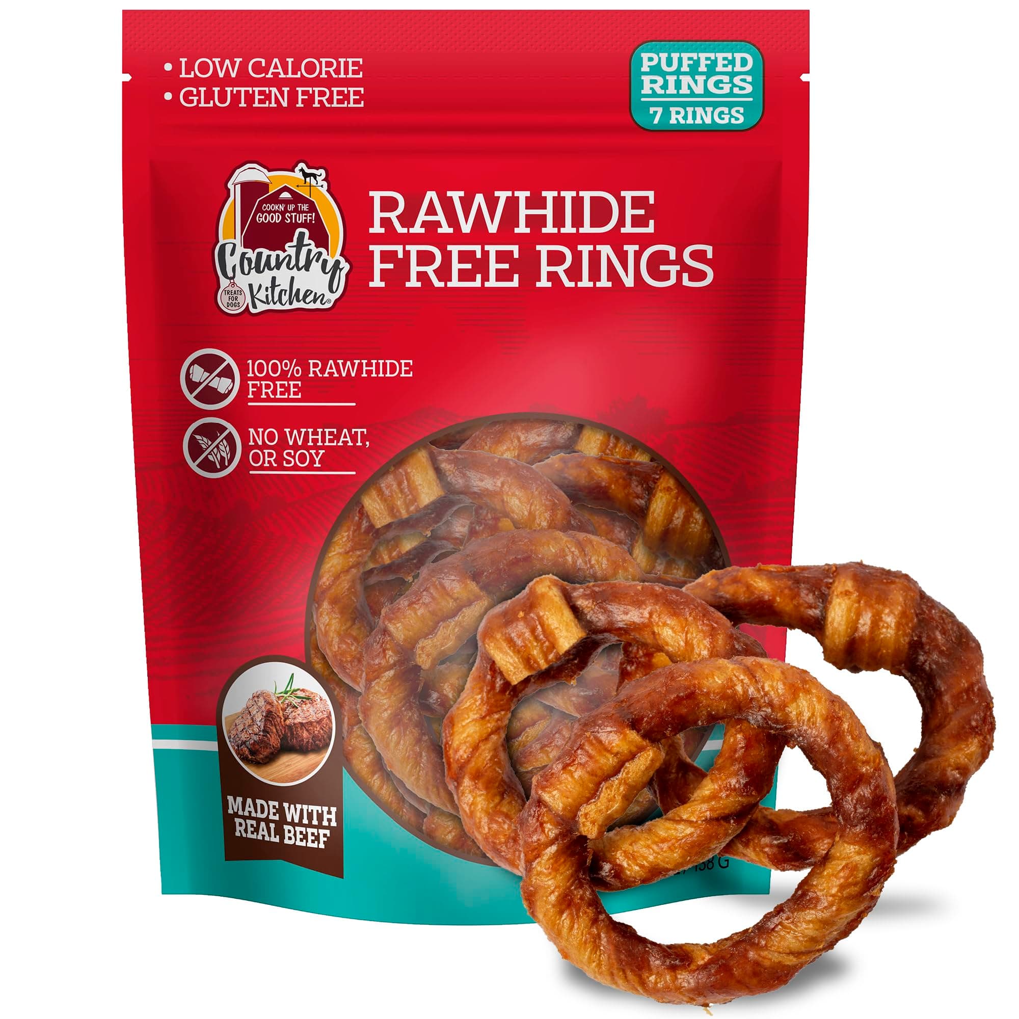 Country Kitchen Rawhide Free Beef Rings Dog Chews, 7 Count