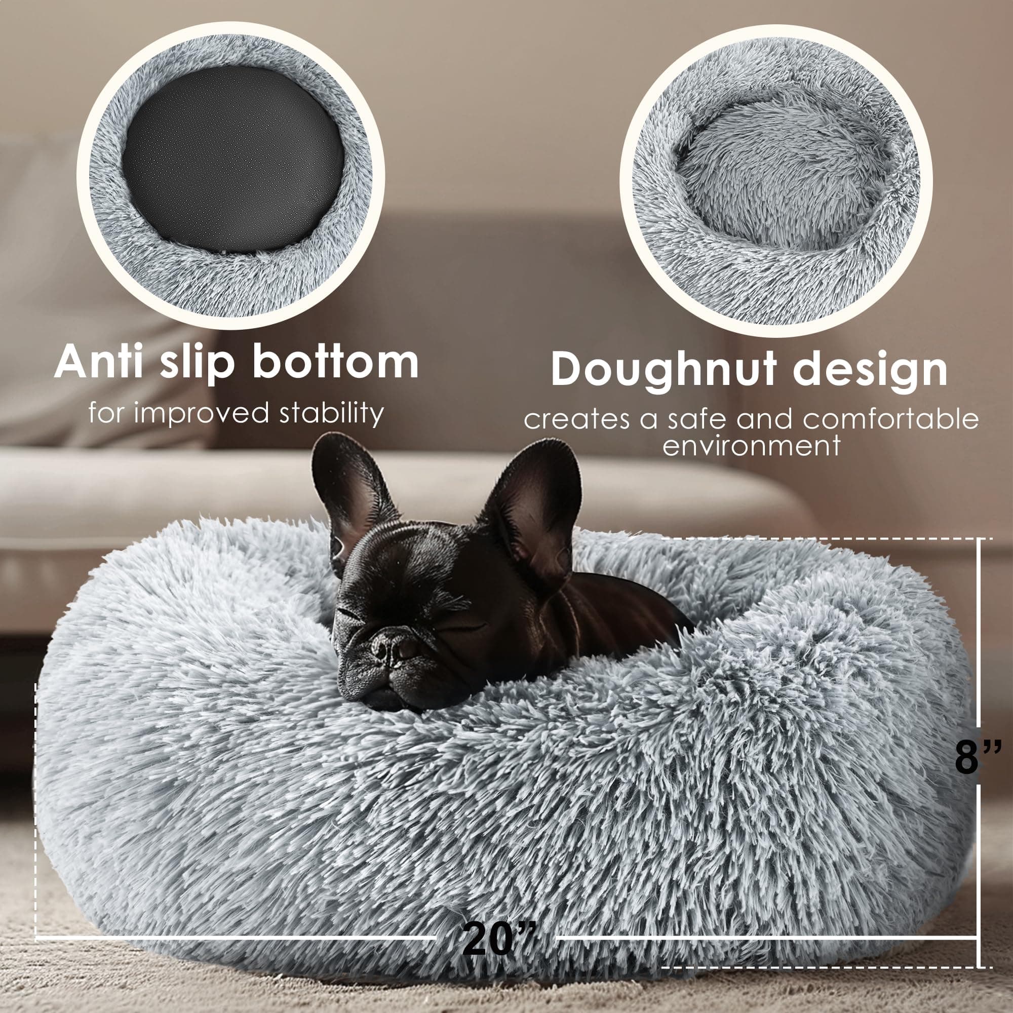 Hoewina Dog & Cat Bed for Indoor Cats, 20in Calming Donut Bed (Light Grey) product image 3