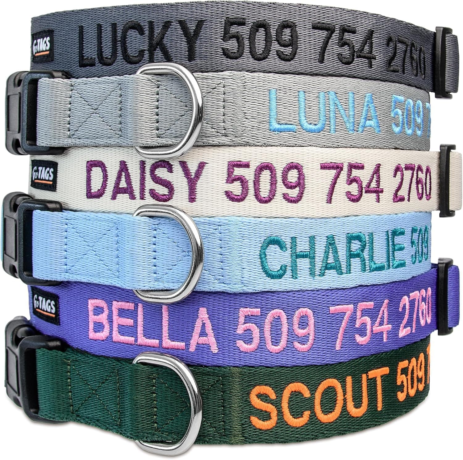 GoTags GoTags Personalized Dog Collar, Custom Embroidered Pet ID Dog Collar with Pet Name and Phone Number, Adjustable with Quick Release Snap Buckle