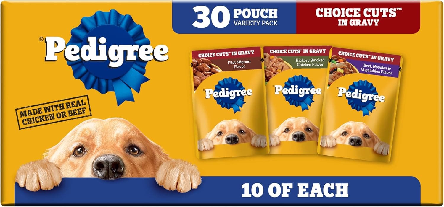 Pedigree Pedigree Choice Cuts Wet Dog Food Pouch, Protein Variety, 3.5 oz, 30 Count | Beef, Chicken & Filet Mignon, no added sugars or artificial flavors, 36 vitamins & minerals, 50%+ water, complete & balanced
