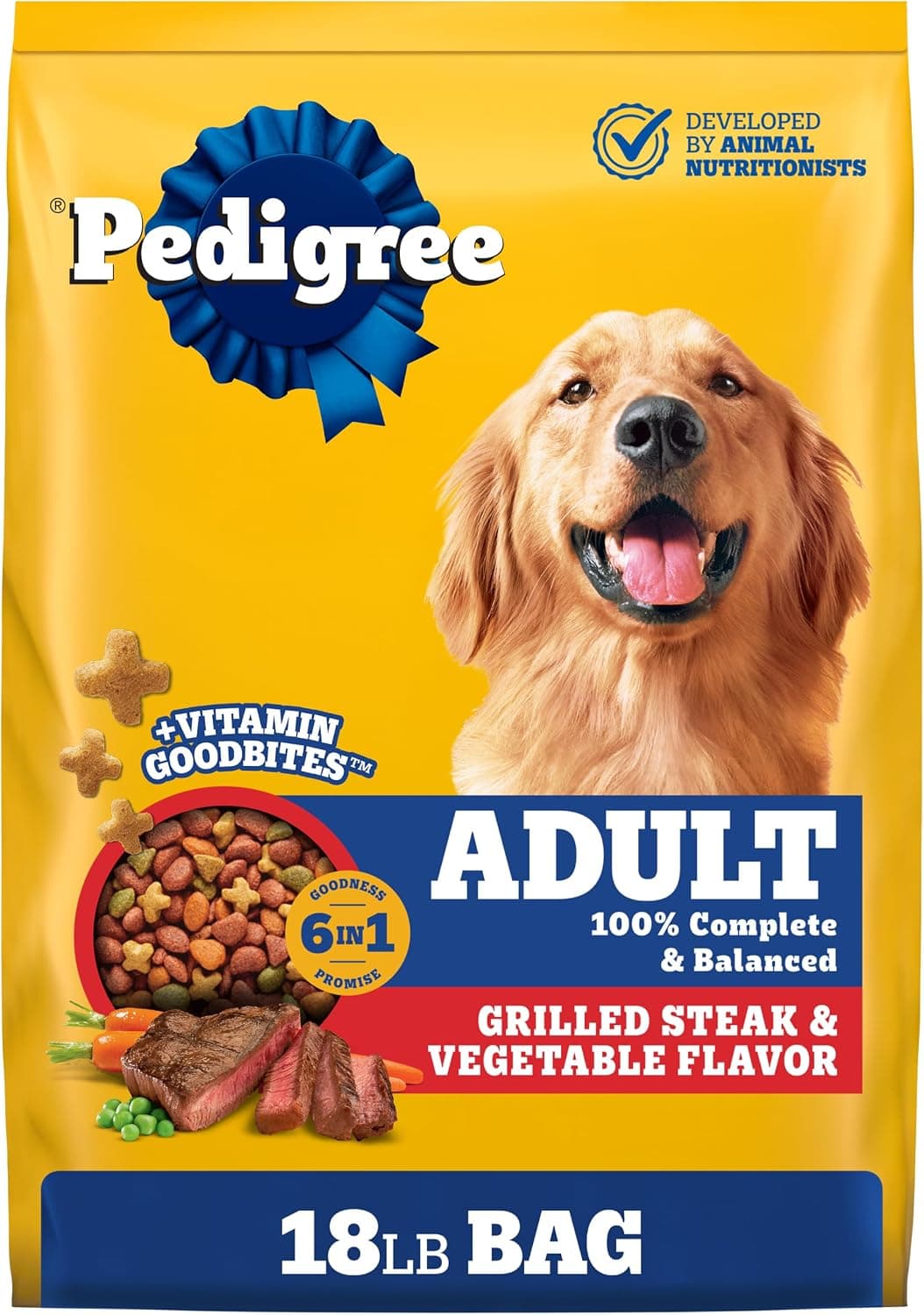 Pedigree Pedigree Complete Nutrition Dry Dog Food, Steak & Vegetable, 18 lb | Nutrient boost, prebiotic fibers, 36 vitamins & minerals, Omega 6 & Zinc, natural flavors, supports skin & coat