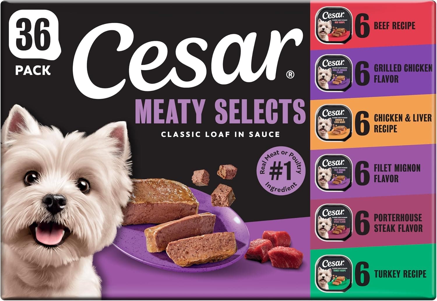 Cesar Cesar Classic Loaf in Sauce Wet Dog Food, Meaty Selects, 3.5 oz, 36 Count | Made in USA, Real meat #1 ingredient, no fillers or artificial flavors, formulated without grains, easy peel trays