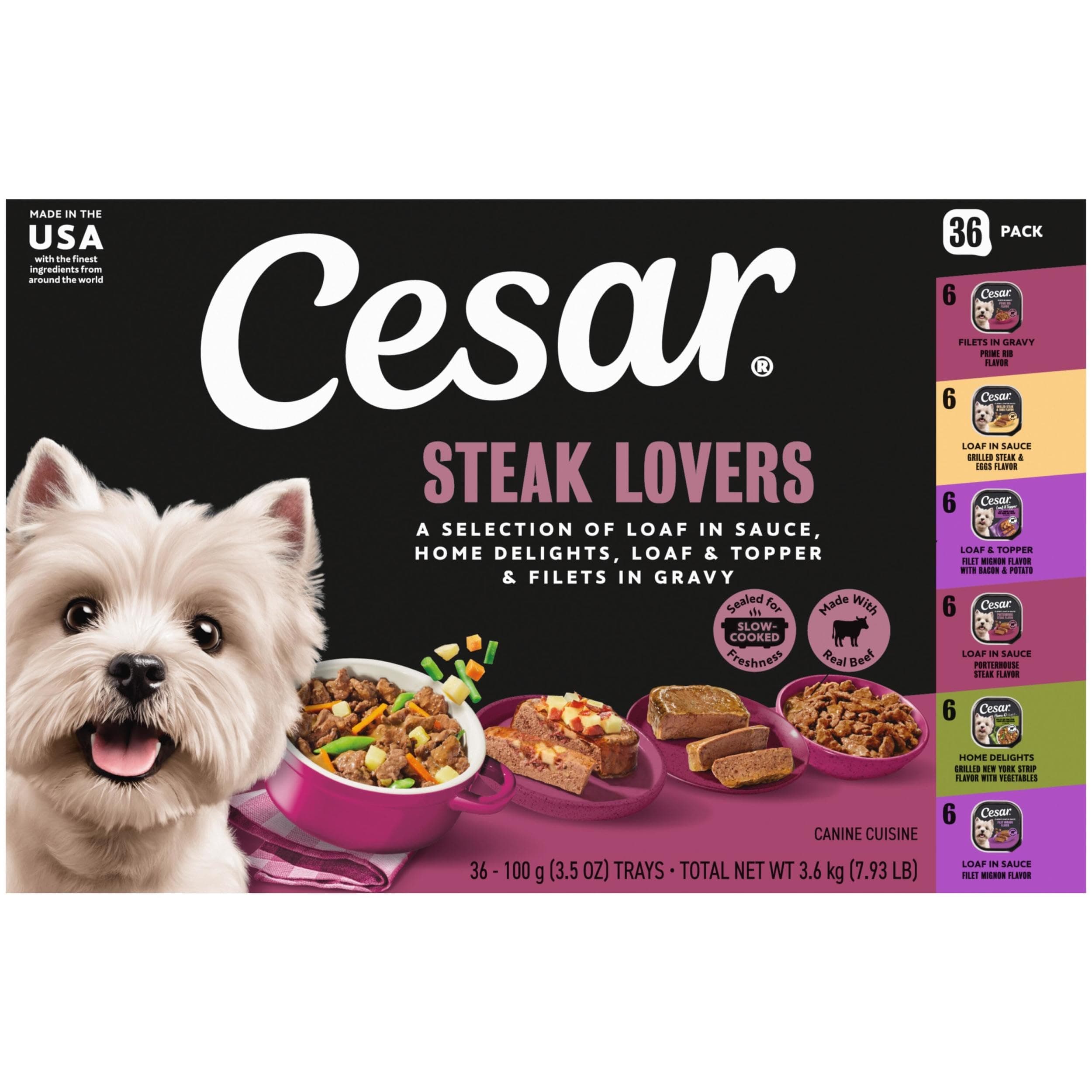 Cesar Cesar Wet Dog Food, Steak Lovers Variety Pack, 3.5 oz, 36 Count