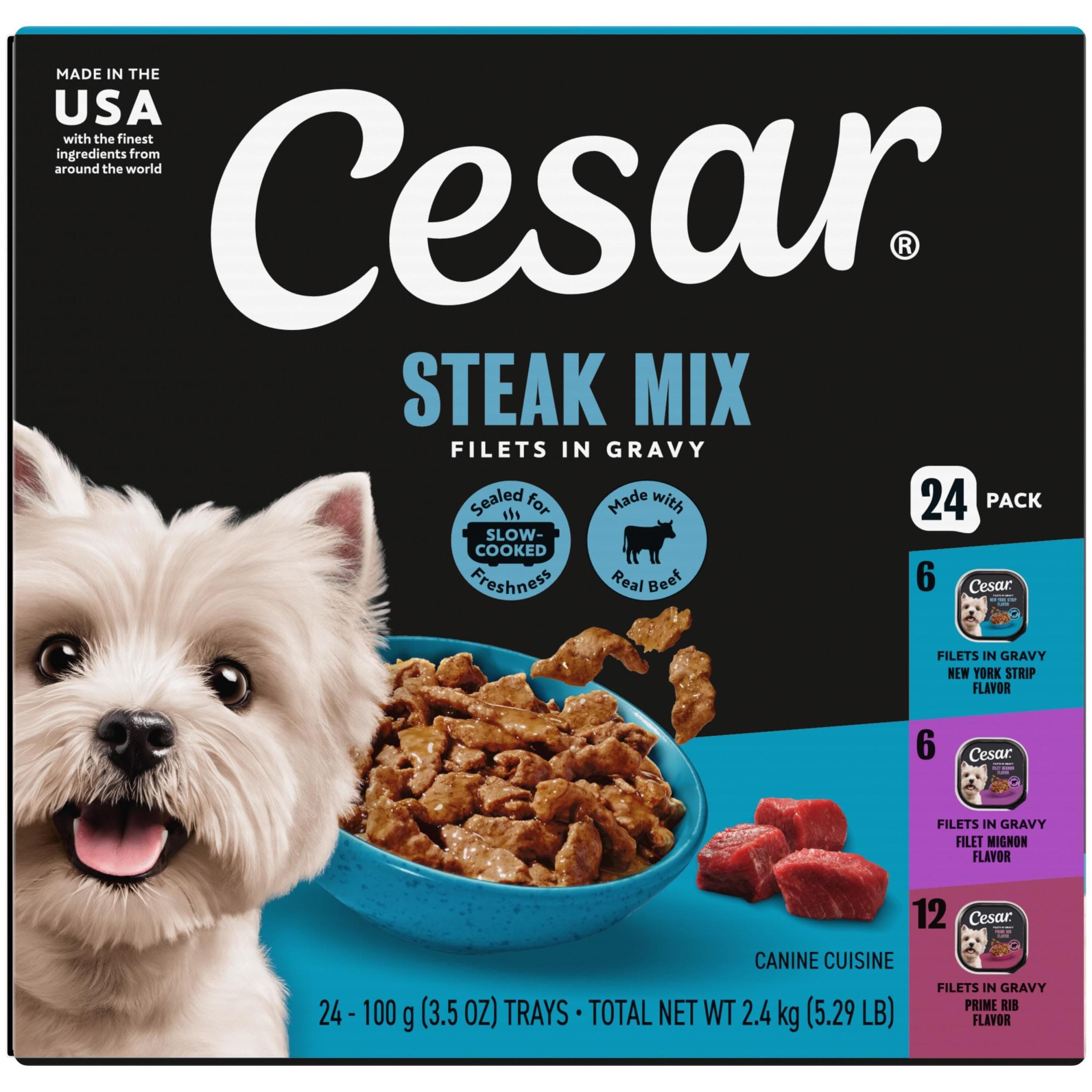 Cesar Cesar Filets in Gravy Wet Dog Food, Steak Mix Variety, 3.5 oz, 24 Count